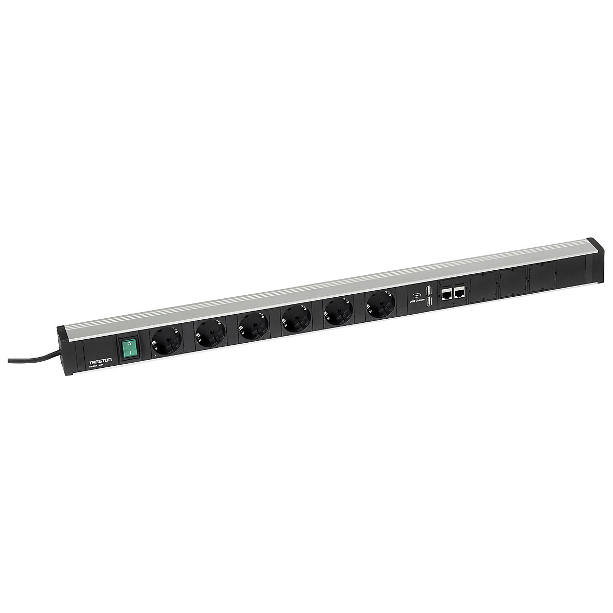Contactdoosstrip voor werktafels – Treston, 6 stopcontacten, schakelaar, 2 x USB, 2 x CAT6A, lengte 836 mm-3