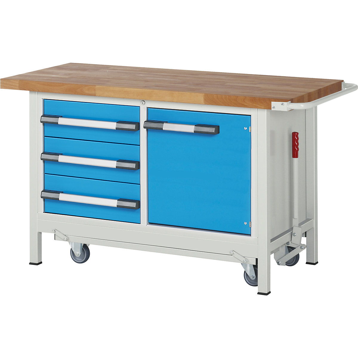 EUROKRAFTpro Werkbank: fahrbar und absenkbar, 3 Schubladen, 1 Tür