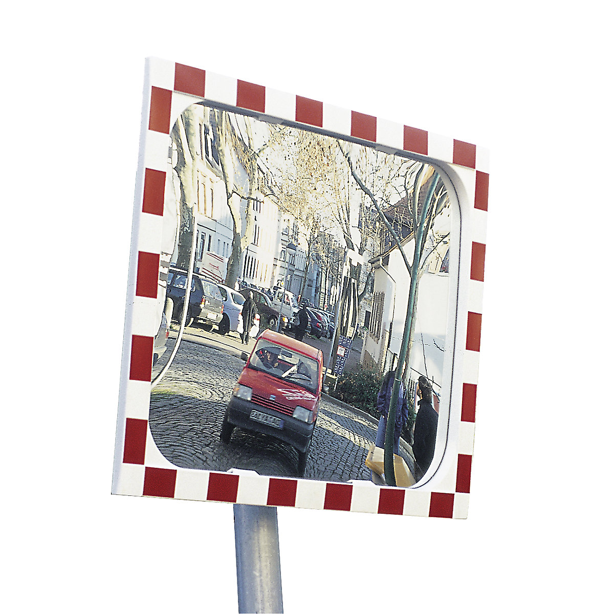 Verkehrsspiegel: Spiegel aus Sekurit, Rahmen aus Kunststoff, rot
