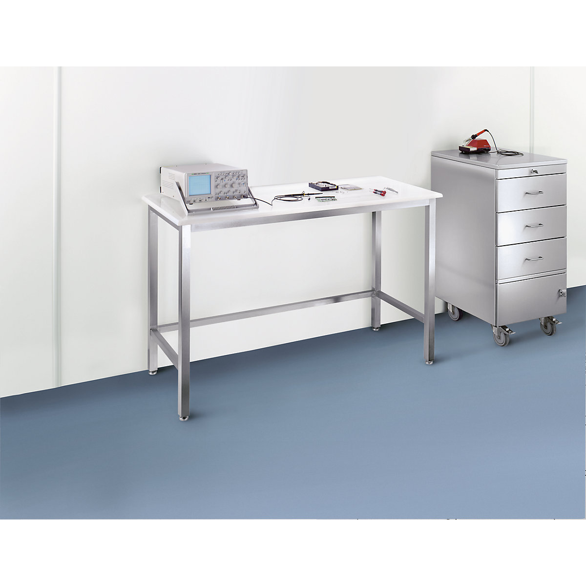 Stainless steel cleanroom table with polypropylene worktop