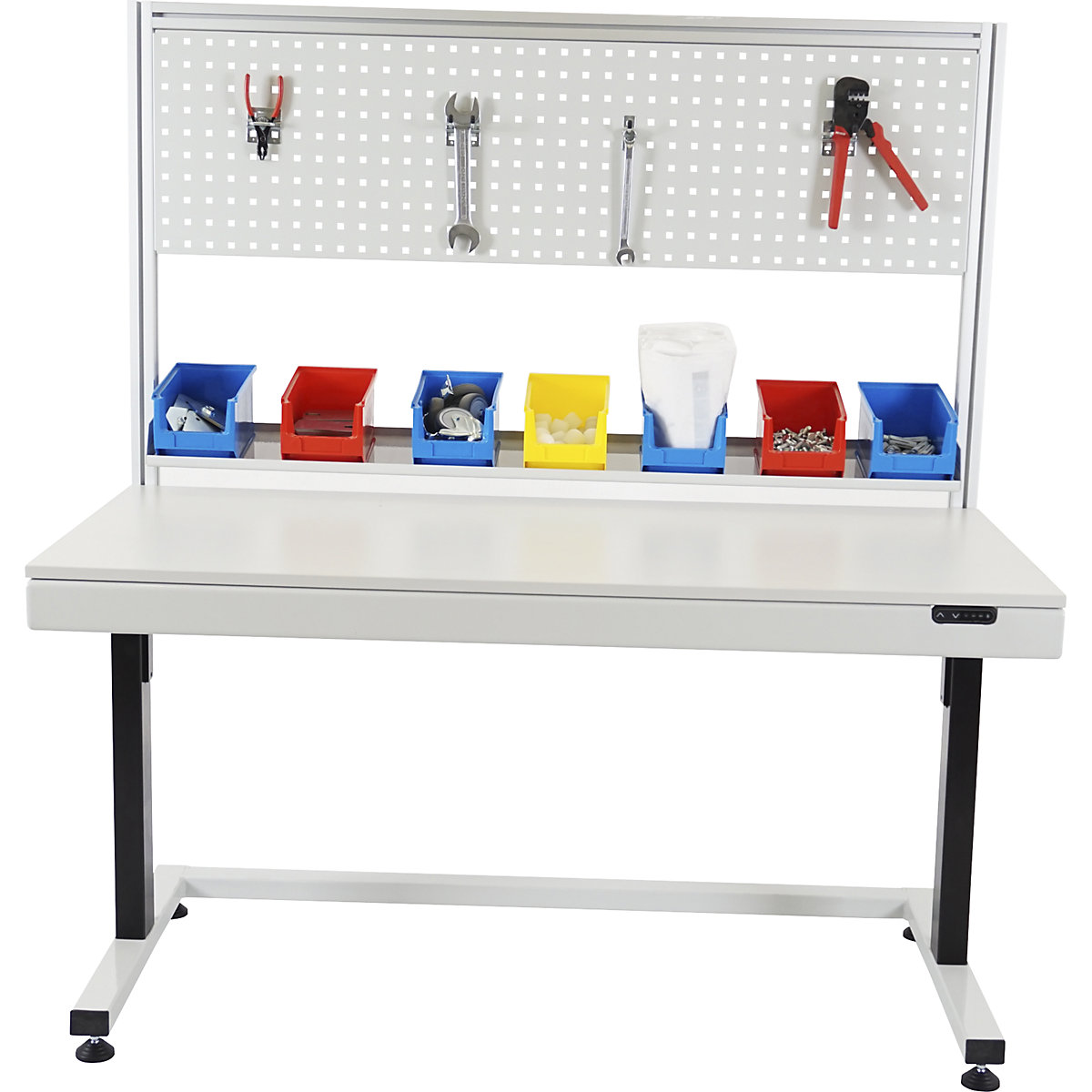 Work table with perforated panel, electrically height adjustable - eurokraft pro