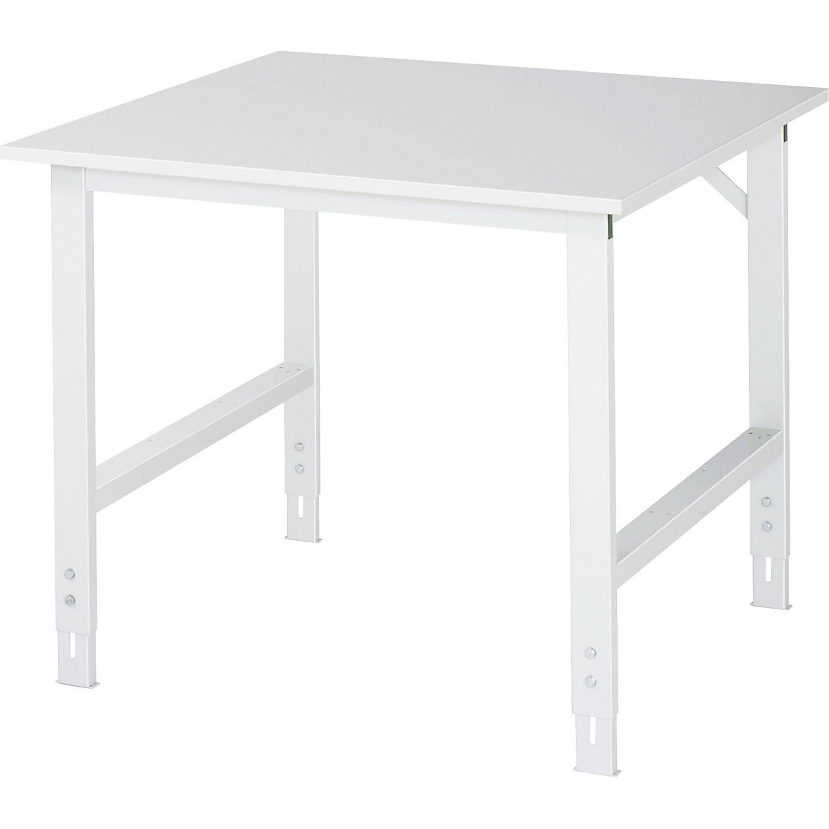 Work table, height adjustable – RAU, 760 – 1080 mm, melamine coated chipboard worktop, WxD 1000 x 1000 mm, light grey-11