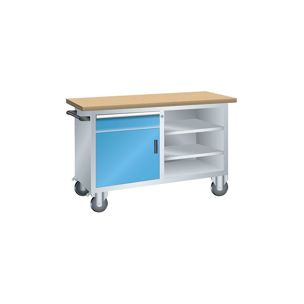 Compact workbench, mobile – LISTA, 1 drawer, 1 door, 3 shelves, body light grey, front light blue-2