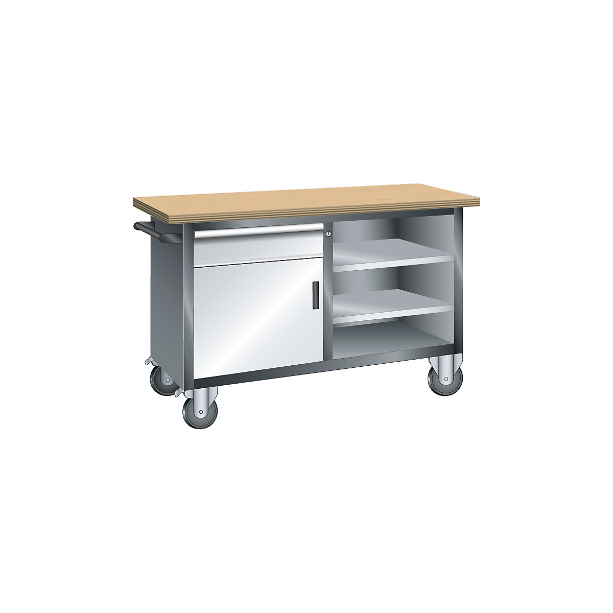 Compact workbench, mobile – LISTA, 1 drawer, 1 door, 3 shelves, body grey metallic, front light grey-3