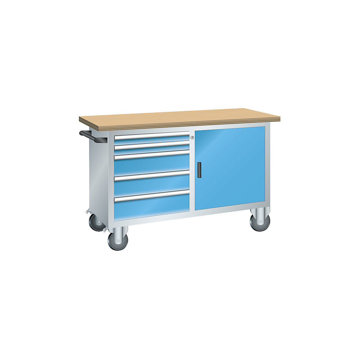 Compact workbench, mobile – LISTA, 5 drawers, 1 door, 1 shelf, body light grey, front light blue-2