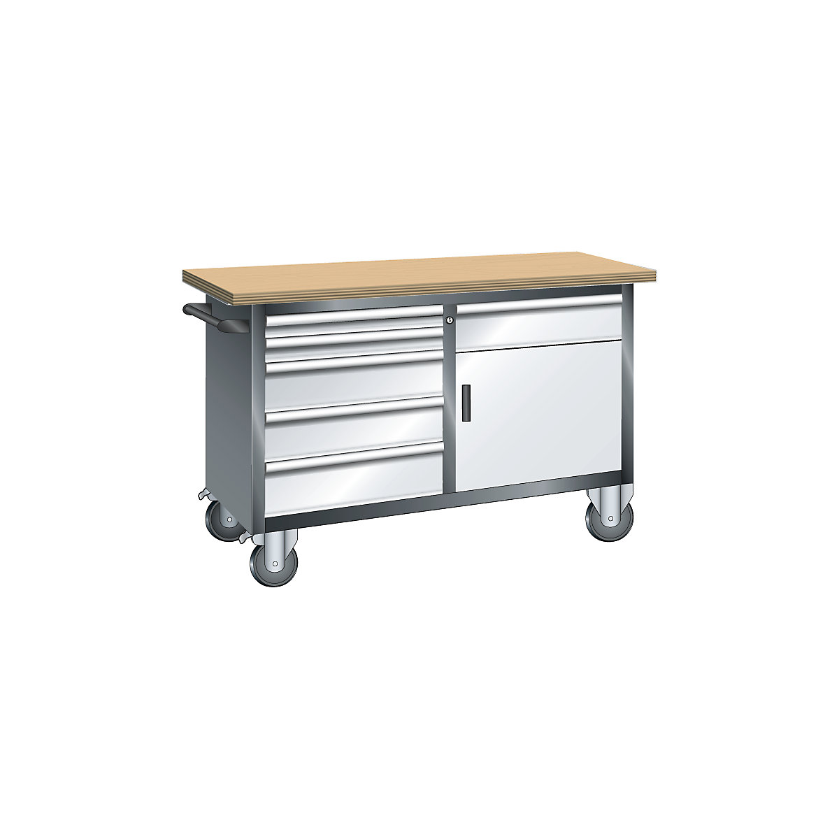 Compact workbench, mobile – LISTA, 6 drawers, 1 door, 1 shelf, body grey metallic, front light grey-3