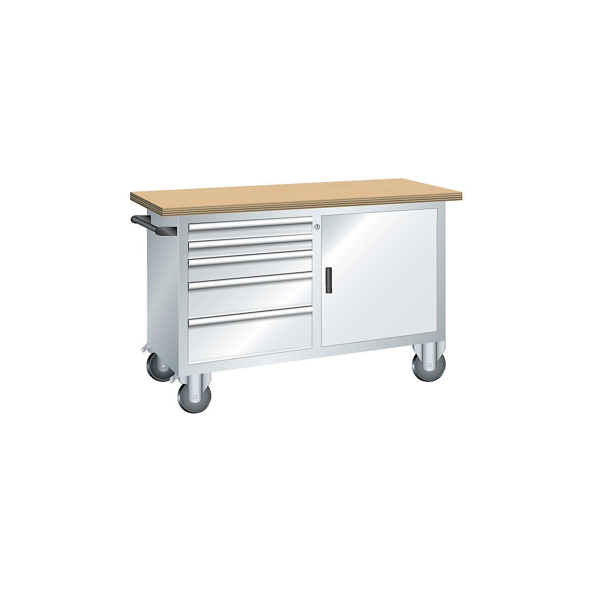 Compact workbench, mobile – LISTA, 5 drawers, 1 door, 1 shelf, body light grey, front light grey-3