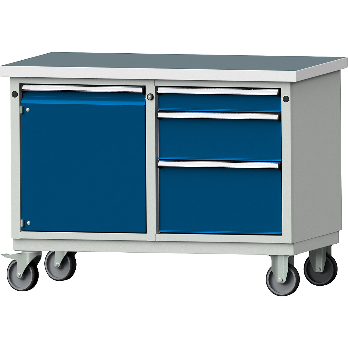 Compact workbench – ANKE, WxD 1140 x 650 mm, 1 cupboard, 3 drawers, mobile, universal worktop-4