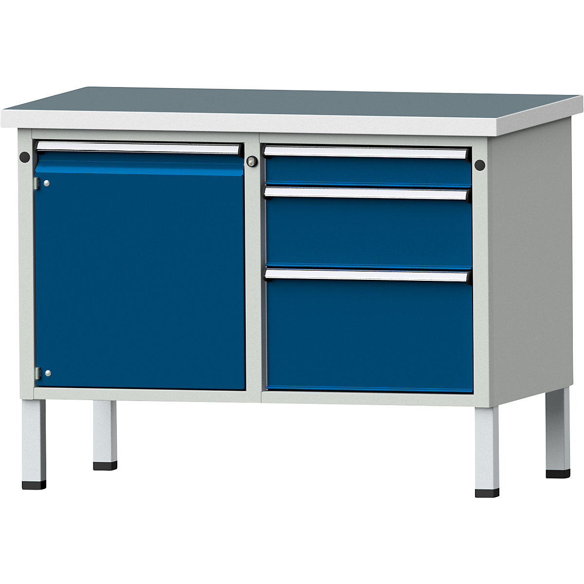 Compact workbench – ANKE, WxD 1140 x 650 mm, 1 cupboard, 3 drawers, stationary, universal worktop-3