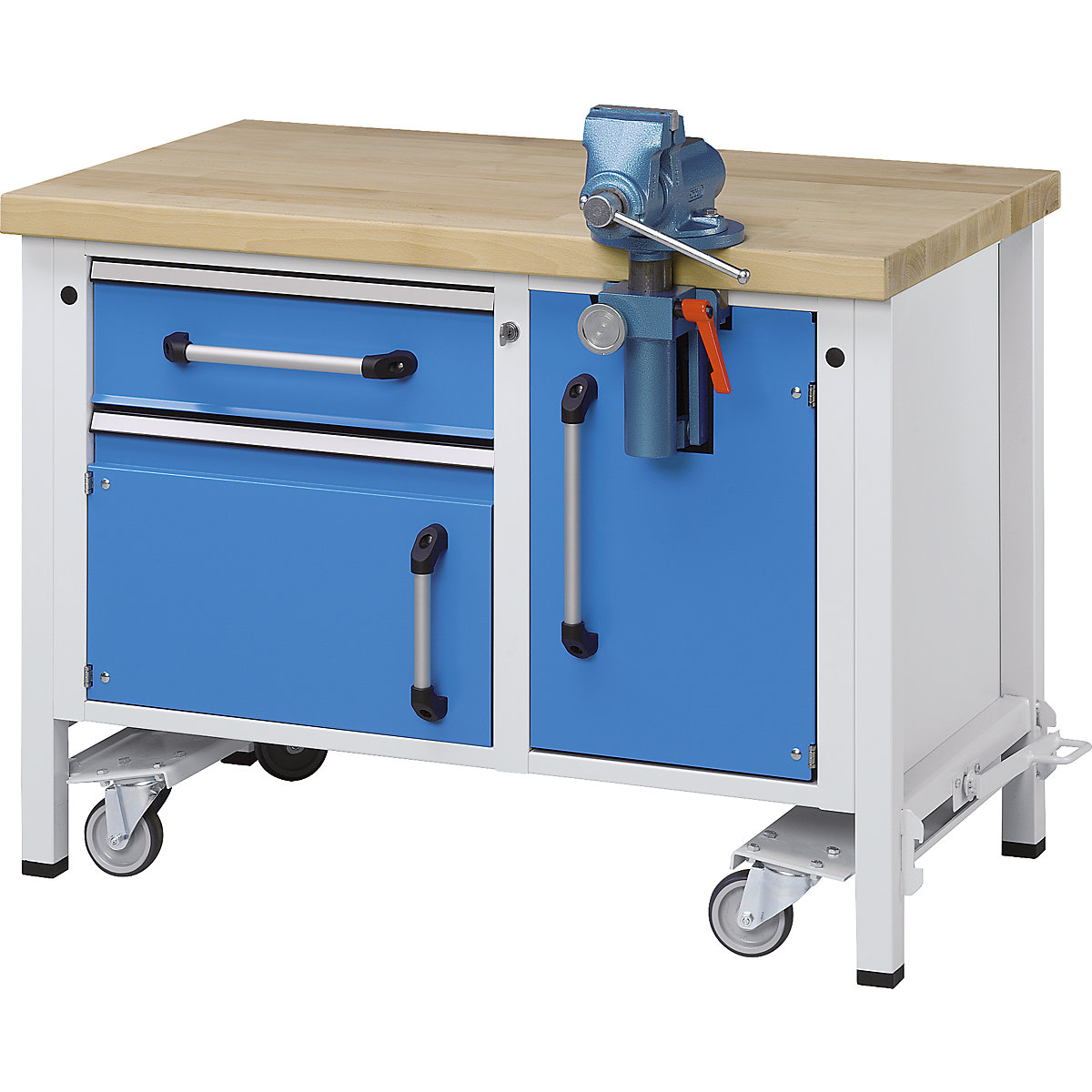 Compact workbench with lowerable chassis and vice – eurokraft pro