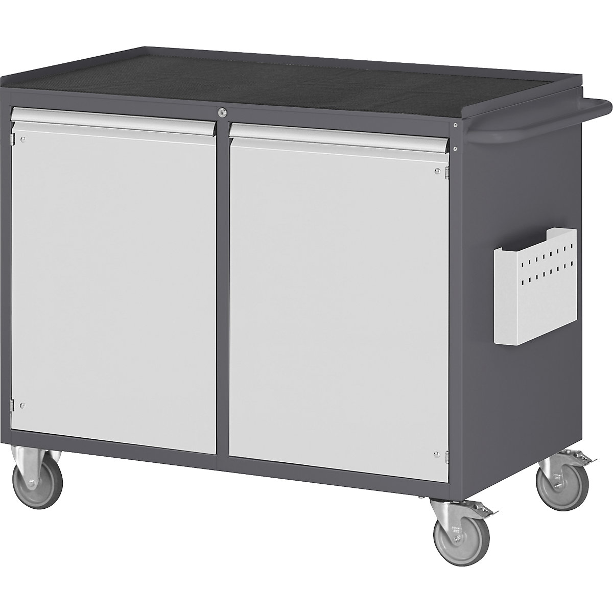 Compact workbenches, mobile – RAU, 2 doors, metal tray with rubber mat, charcoal / light grey-2