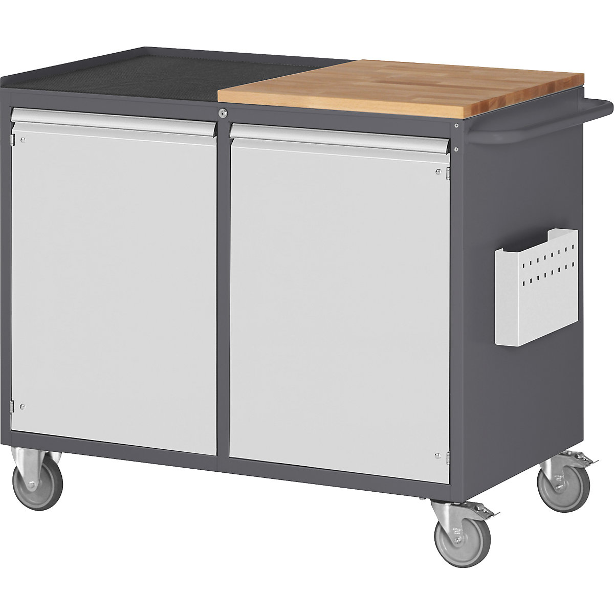 Compact workbenches, mobile – RAU, 2 doors, wood / metal work surface, charcoal / light grey-2