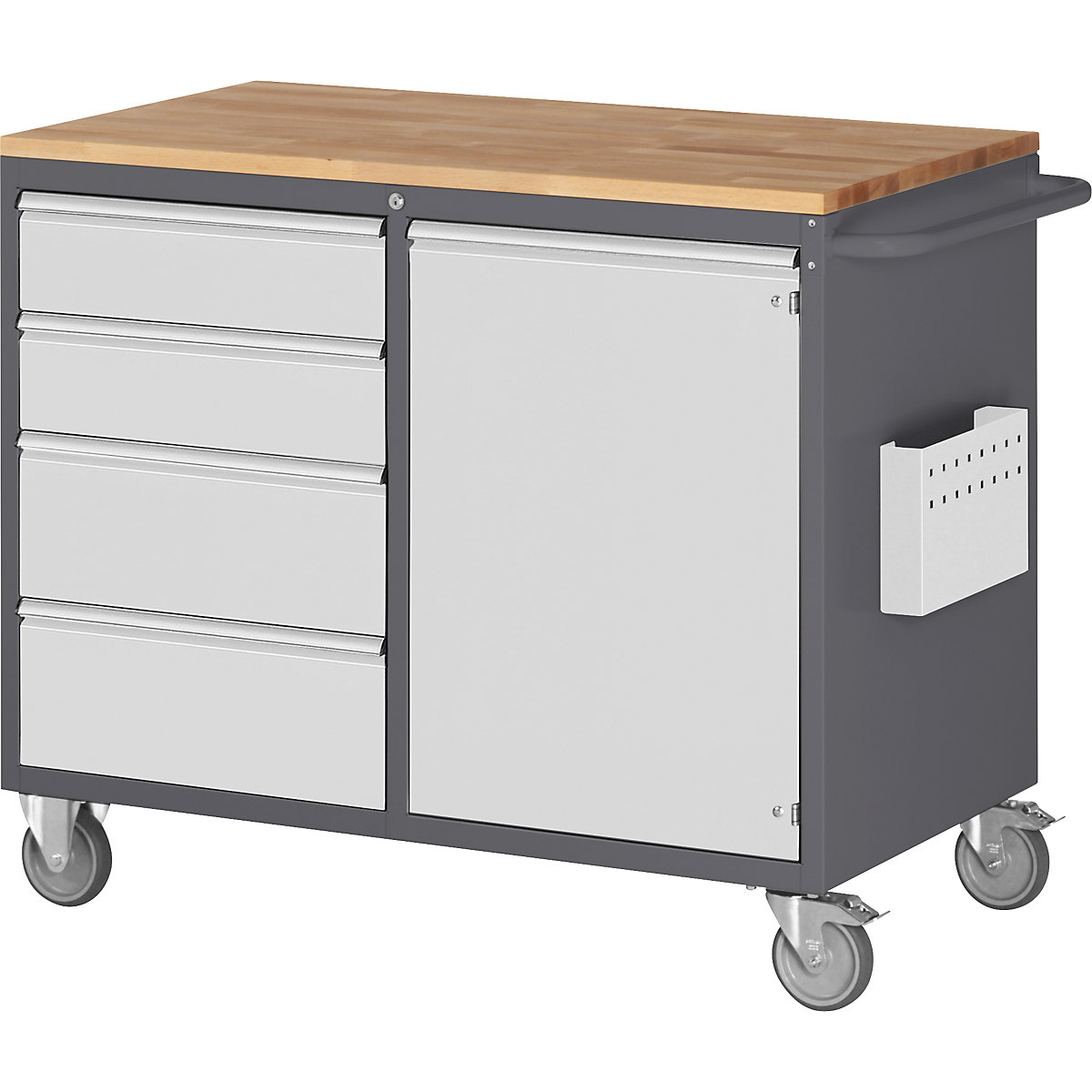 Compact workbenches, mobile – RAU, 4 drawers, 1 door, wood work surface, charcoal / light grey-2