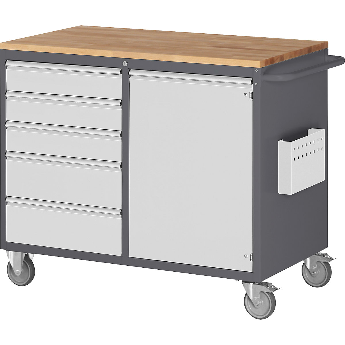 Compact workbenches, mobile – RAU, 5 drawers, 1 door, wood work surface, charcoal / light grey-2