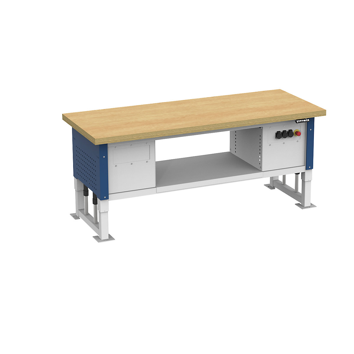 Heavy duty table, electrically height adjustable, worktop width 2030 mm, max. surface load 2000 kg, gentian blue RAL 5010-2