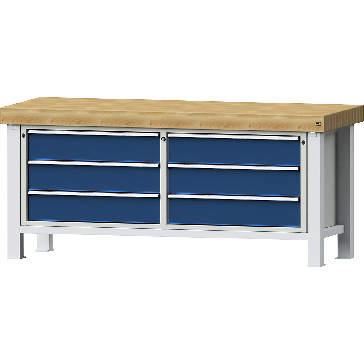 Heavy duty workbench – ANKE, 3 drawers on left, 3 drawers on right, solid beech worktop 100 mm-2