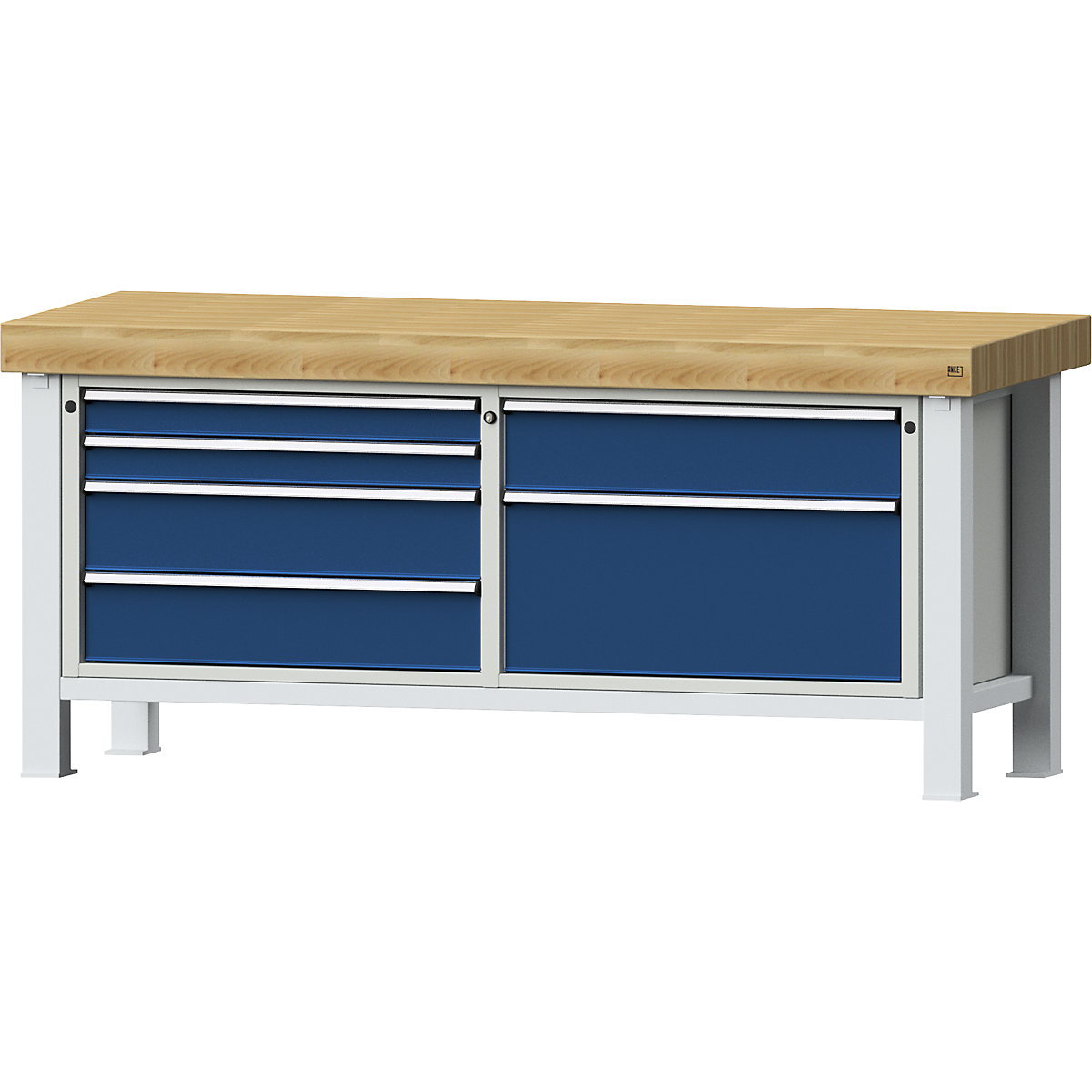 Heavy duty workbench – ANKE, 4 drawers on left, 2 drawers on right, solid beech worktop 100 mm-1
