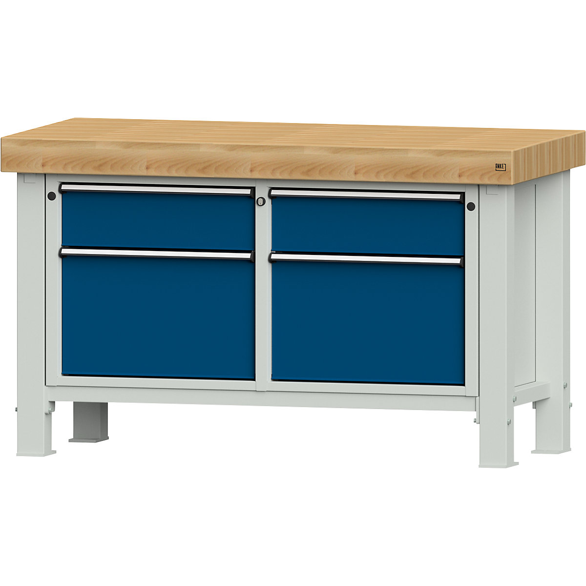 Heavy duty workbench – ANKE, worktop width 1500 mm, with 2 drawers and 2 hinged doors, worktop thickness 100 mm-1