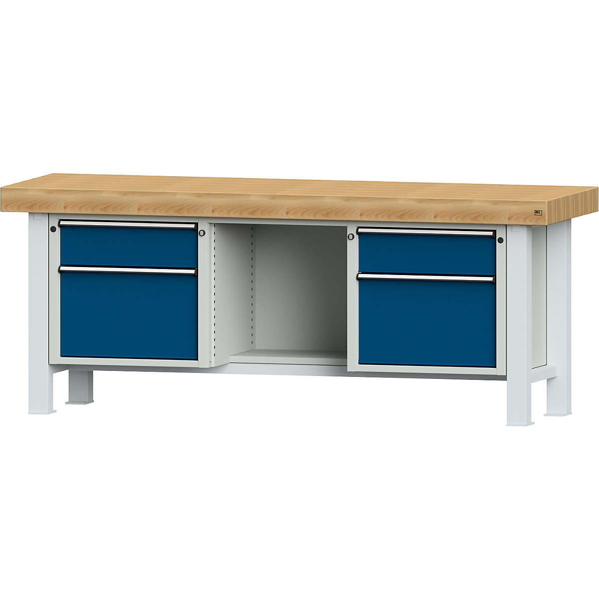 Heavy duty workbench – ANKE, worktop width 2250 mm, with 2 drawers and 2 hinged doors, 1 open compartment, worktop thickness 100 mm-8