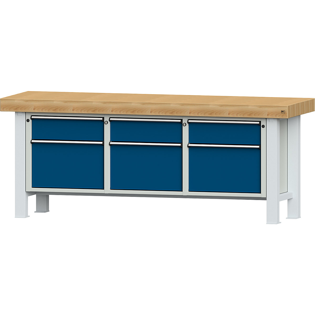 Heavy duty workbench – ANKE, worktop width 2250 mm, with 3 drawers and 3 hinged doors, worktop thickness 100 mm-1