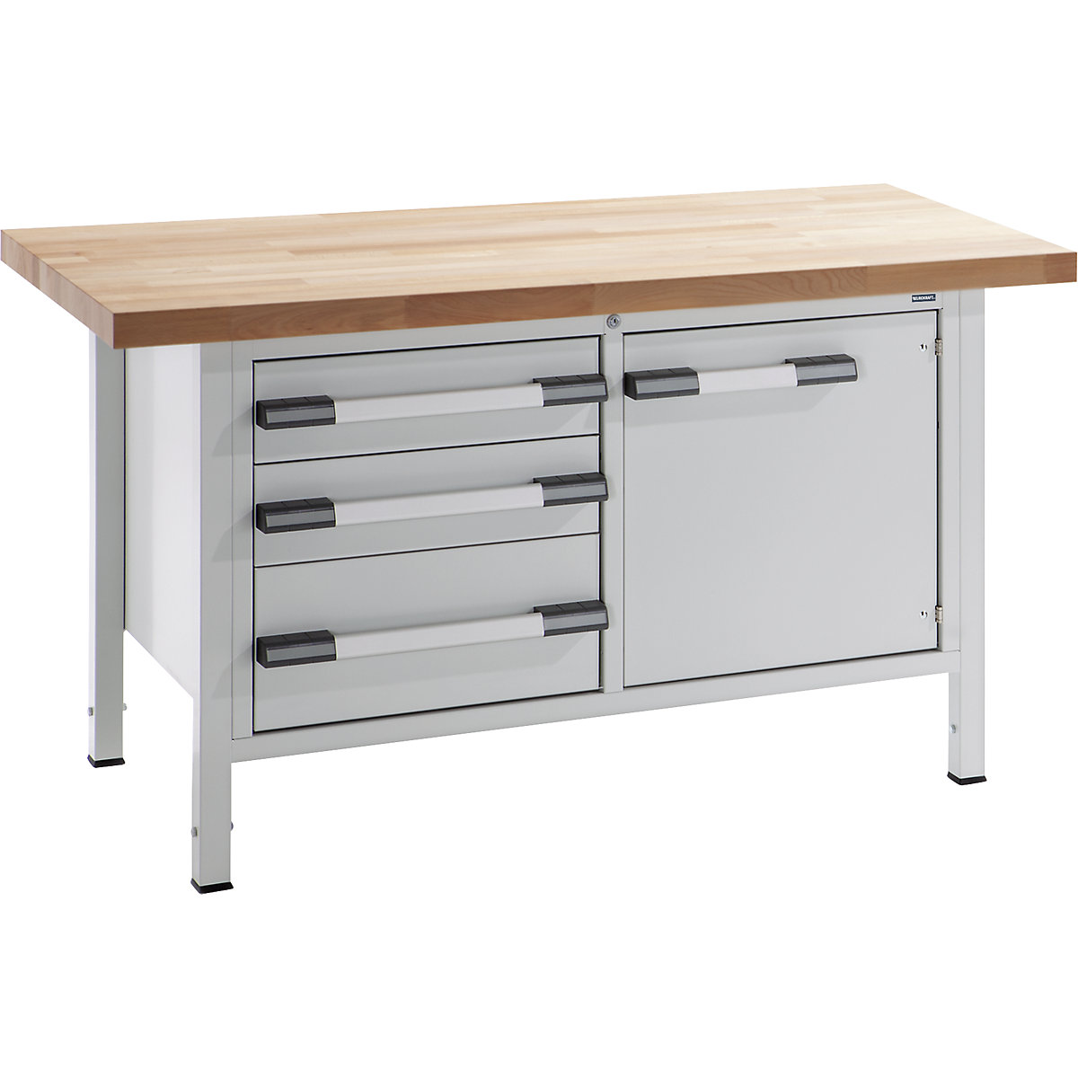 Height-adjustable workbench, frame construction – eurokraft pro, width 1500 mm, 3 drawers, 1 door, grey-2
