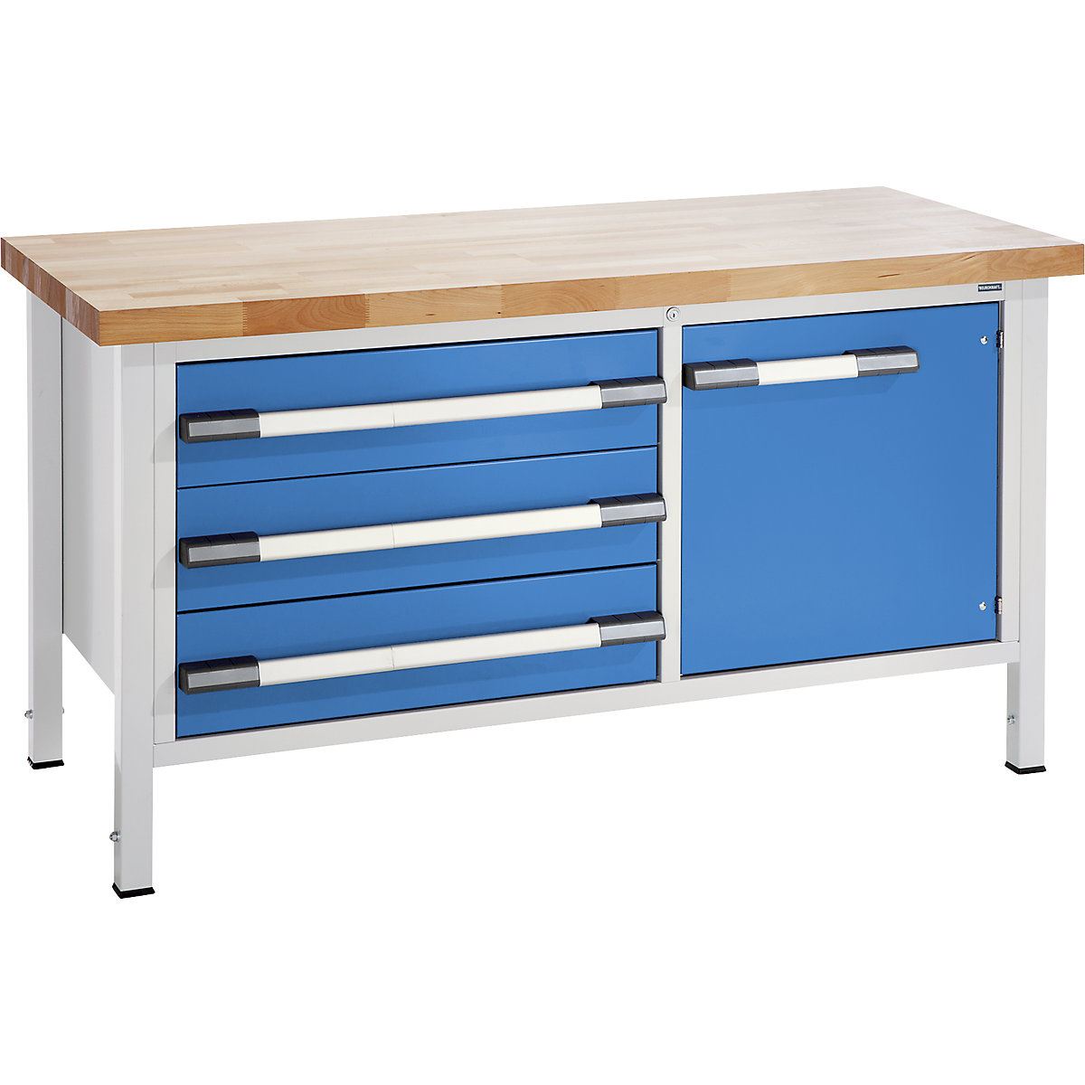EUROKRAFTpro – Height-adjustable workbench, frame construction, width 1500 mm, 3 x 180 mm drawers, 1 door, grey / blue