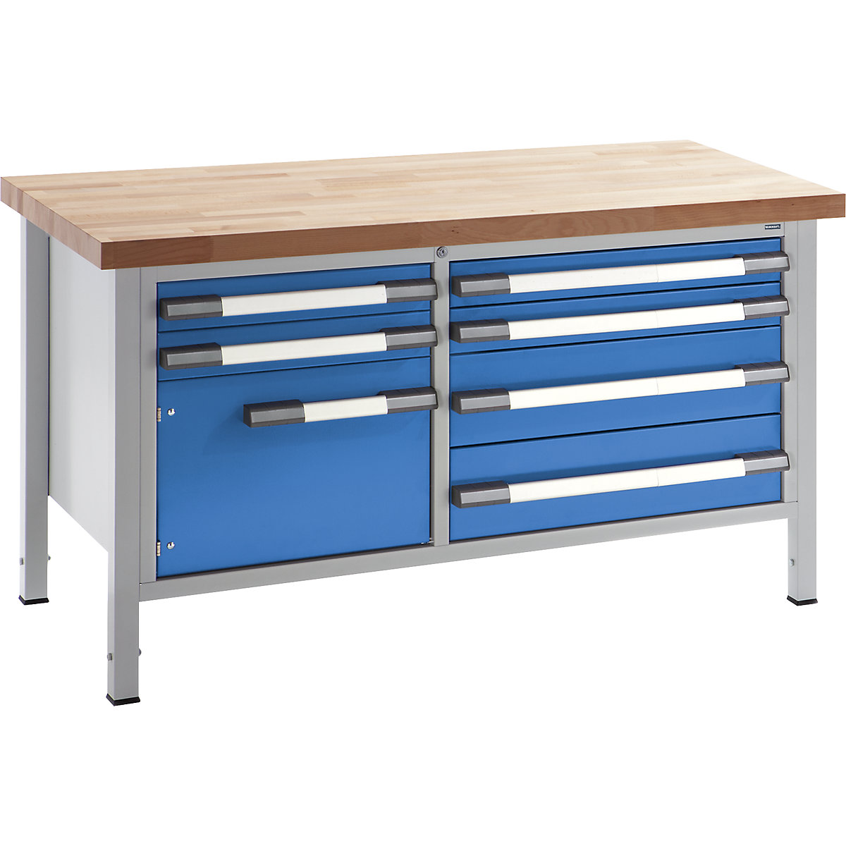 EUROKRAFTpro – Height-adjustable workbench, frame construction, width 1500 mm, 6 drawers, 1 door, grey / blue