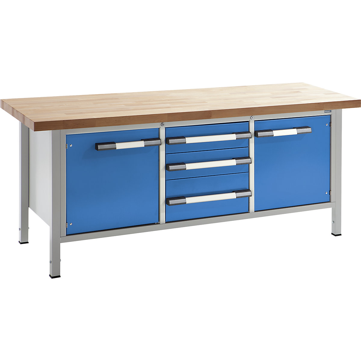 EUROKRAFTpro – Height-adjustable workbench, frame construction, width 2000 mm, 3 drawers, 2 doors, grey / blue