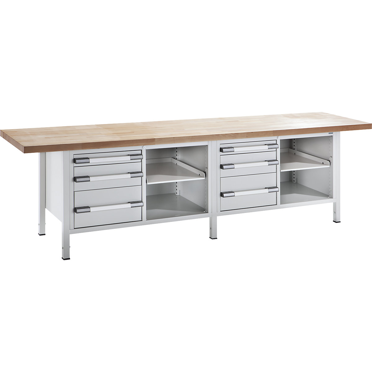 Height-adjustable workbench, frame construction – eurokraft pro, width 3000 mm, 6 drawers, grey