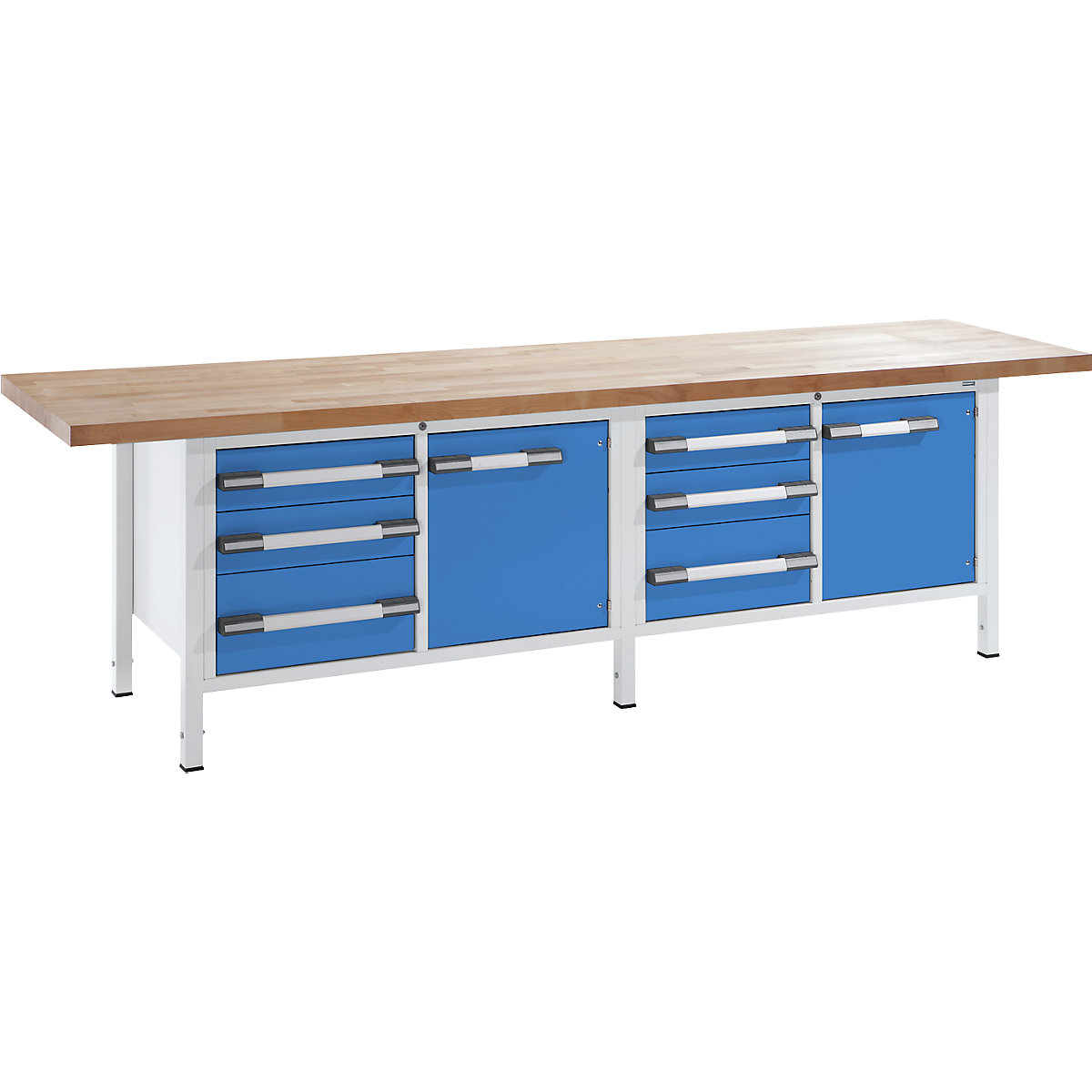 EUROKRAFTpro – Height-adjustable workbench, frame construction, width 3000 mm, 6 drawers, 2 doors, grey / blue