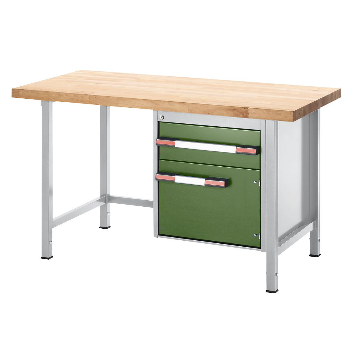 Height-adjustable workbench, frame construction – eurokraft pro, 1 drawer, 1 hinged door, width 750 mm, light grey / green-6