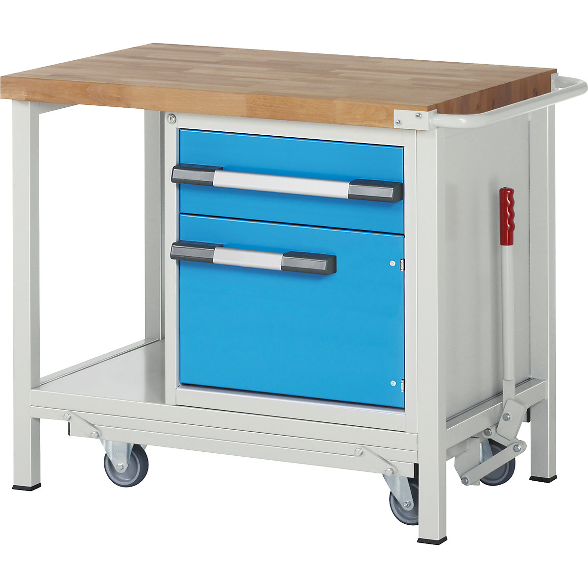 Mobile and lowerable workbench, Series 8 frame construction – eurokraft pro, 1 drawer, 1 door, storage shelf, WxD 1000 x 700 mm-3