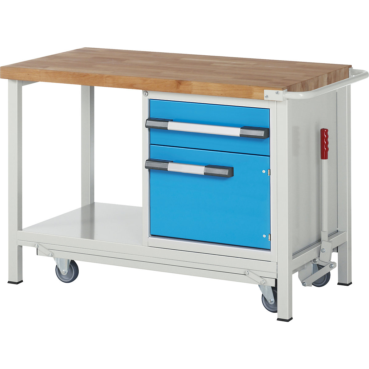 Mobile and lowerable workbench, Series 8 frame construction – eurokraft pro, 1 drawer, 1 door, storage shelf, WxD 1250 x 700 mm-6