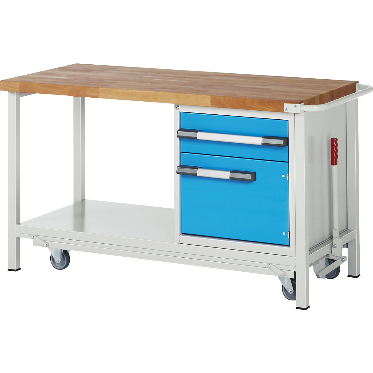 Mobile and lowerable workbench, Series 8 frame construction – eurokraft pro, 1 drawer, 1 door, storage shelf, WxD 1500 x 700 mm-2