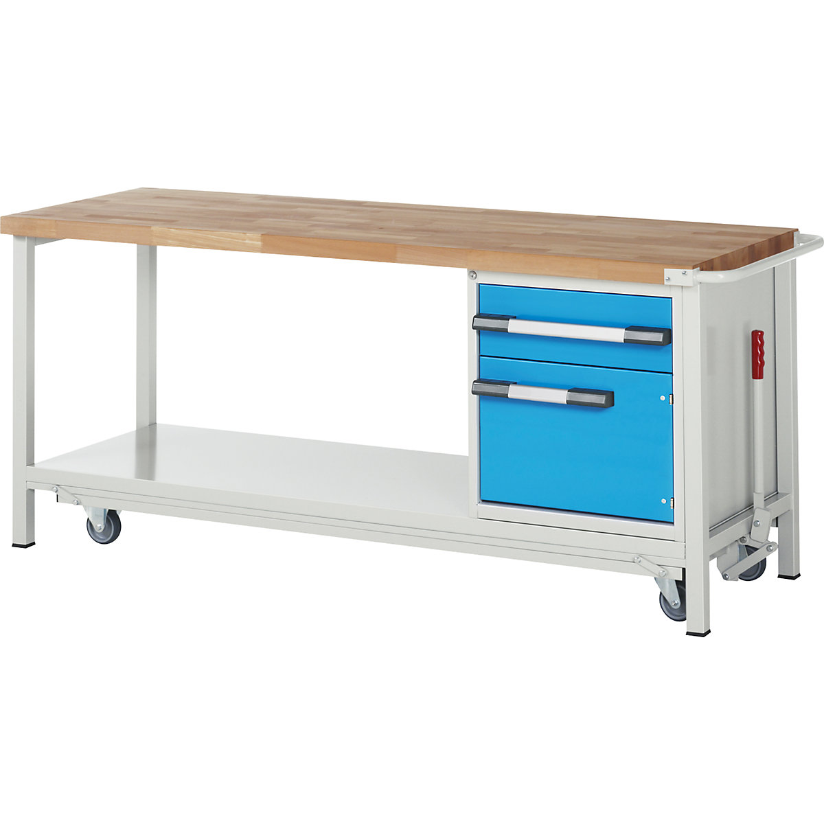 Mobile and lowerable workbench, Series 8 frame construction – eurokraft pro, 1 drawer, 1 door, storage shelf, WxD 2000 x 700 mm-4