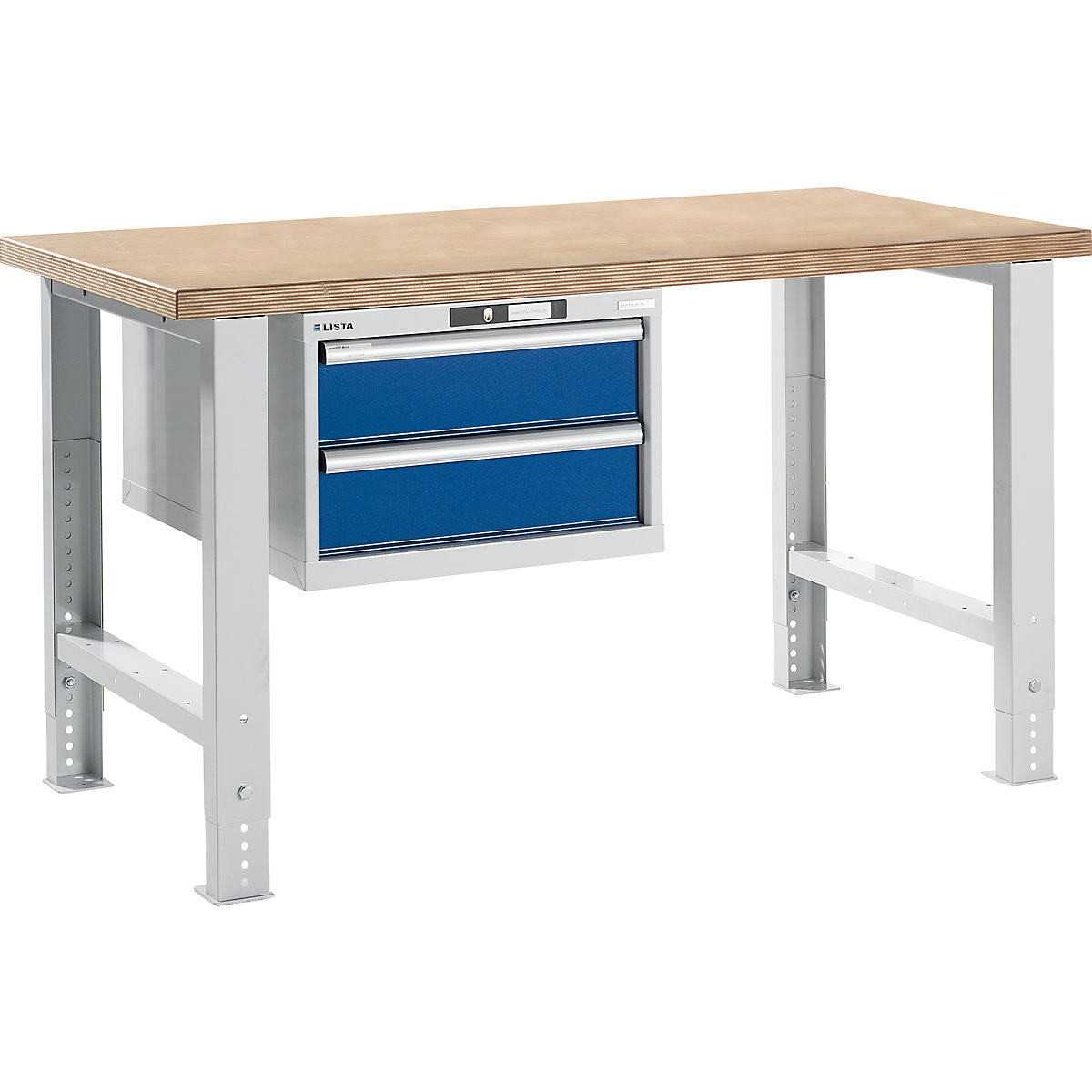 Modular workbench – LISTA, height 740 – 1090 mm, suspended drawer unit, 2 drawers, gentian blue, table width 1500 mm-15