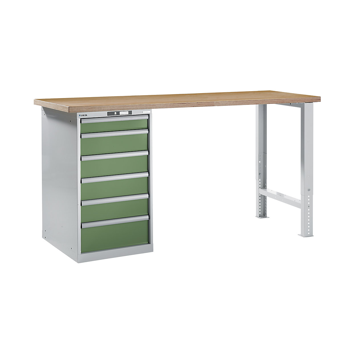 Modular workbench – LISTA, height 1040 mm, pedestal drawer unit, 6 drawers, reseda green, table width 2000 mm-6