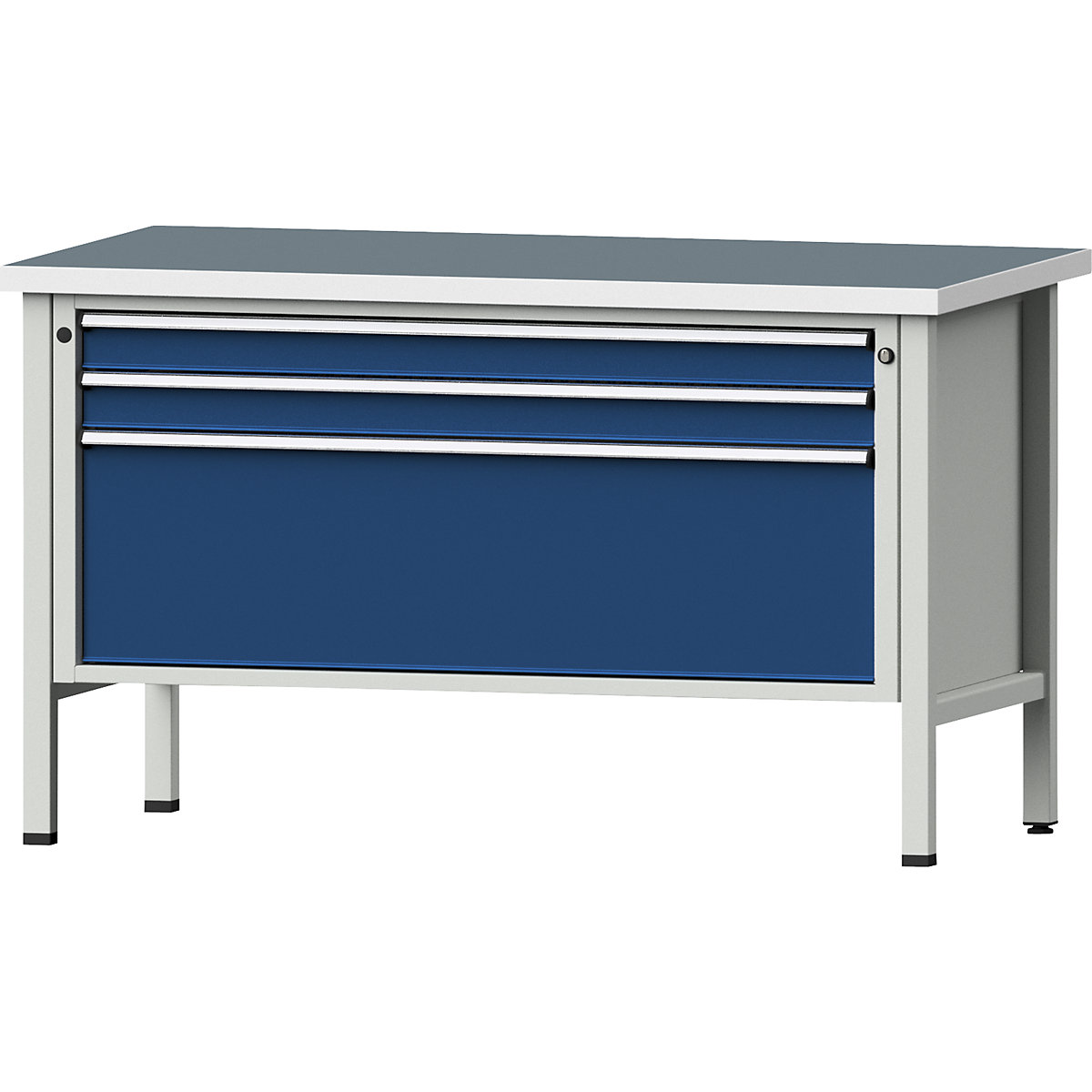 Workbench 1500 mm wide, frame construction – ANKE, 3 drawers: 2 x 90, 1 x 360 mm, universal worktop, height 890 mm-9