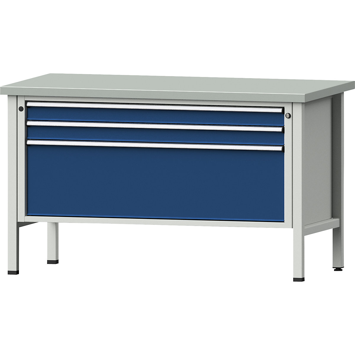 Workbench 1500 mm wide, frame construction – ANKE, 3 drawers: 2 x 90, 1 x 360 mm, sheet steel covered worktop, height 890 mm-7
