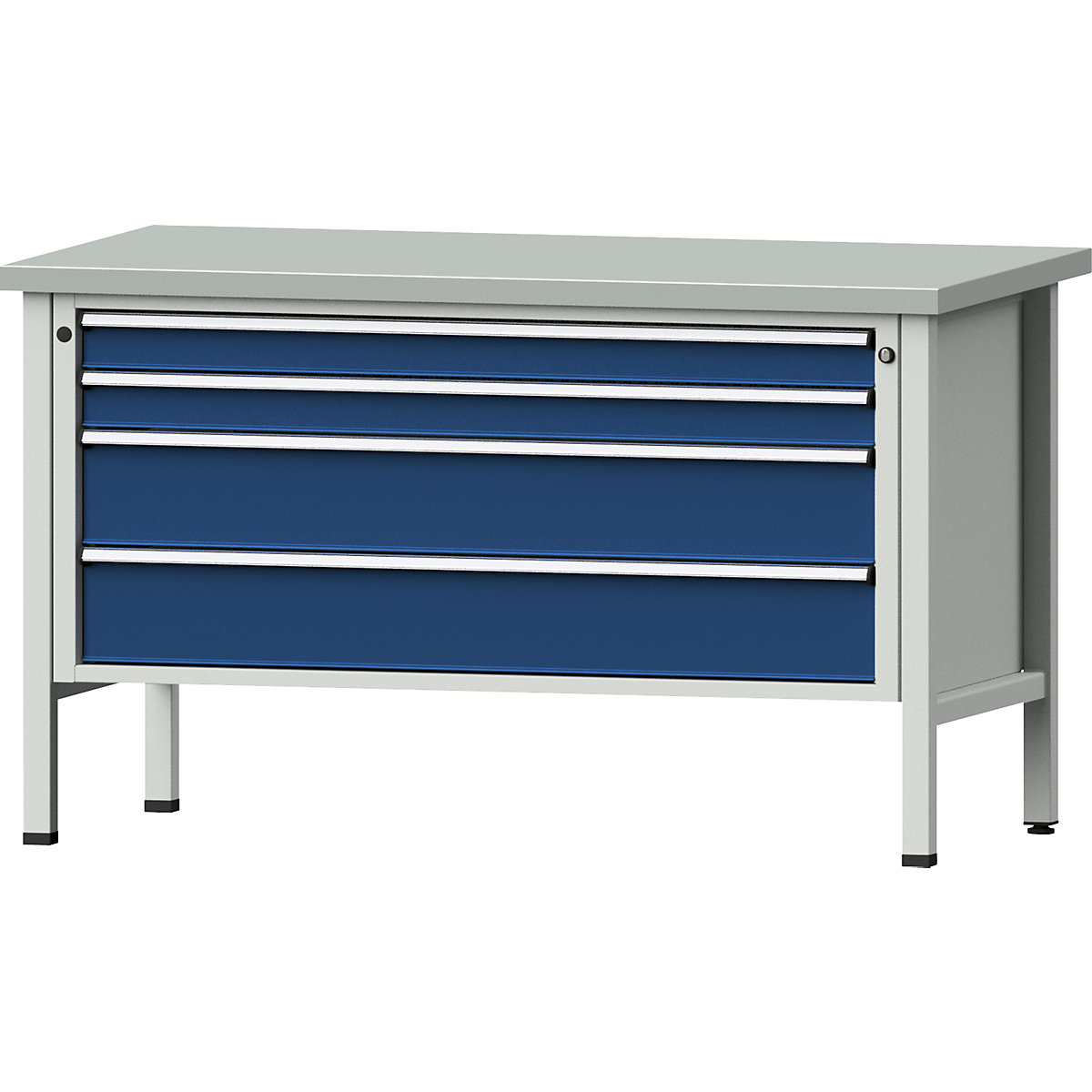 Workbench 1500 mm wide, frame construction – ANKE, 4 drawers: 2 x 90, 2 x 180 mm, sheet steel covered worktop, height 890 mm-8