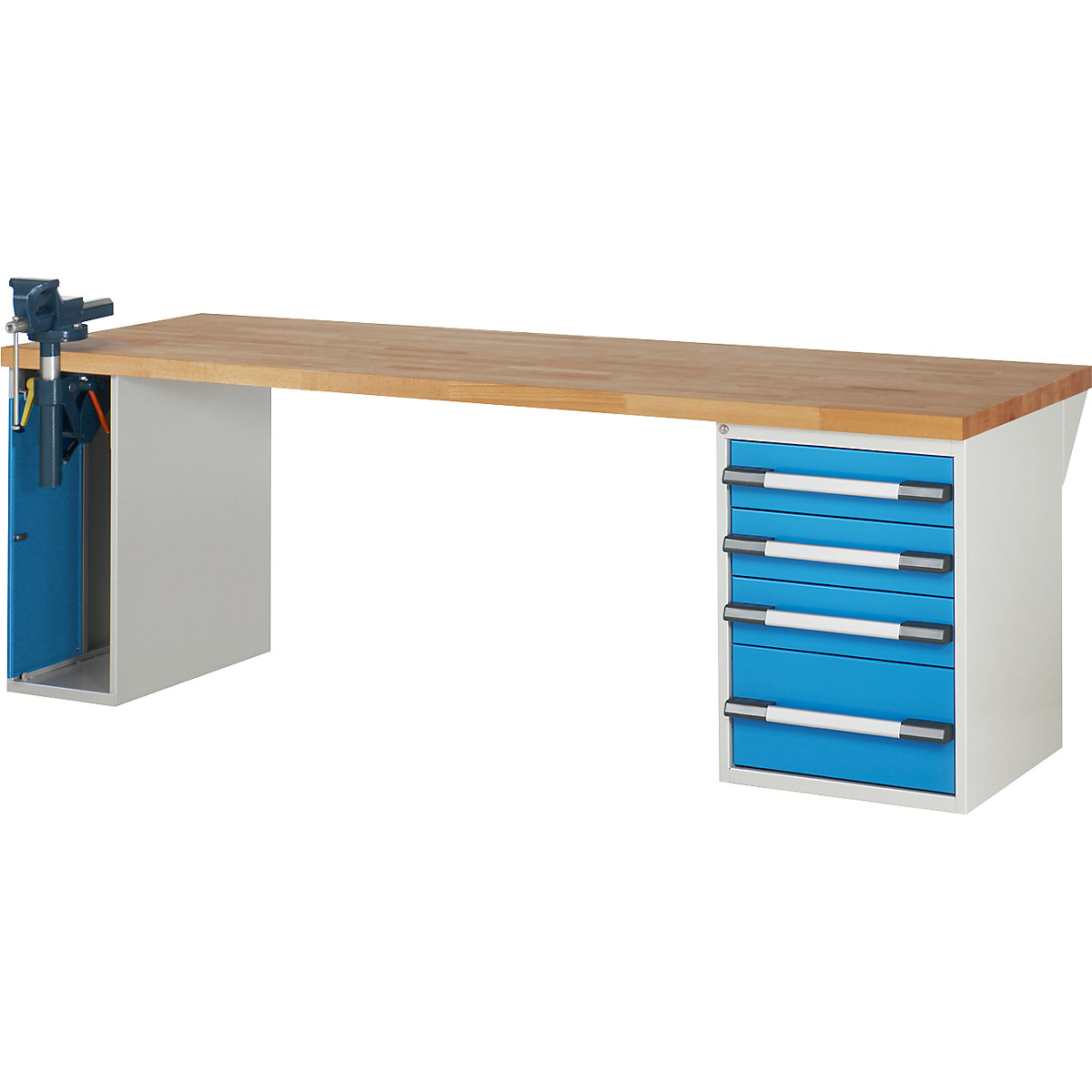 Workbench, Series 7 modular system – eurokraft pro, 1 cupboard, 1 fixed pedestal with 4 drawers, WxD 2500 x 900 mm-2