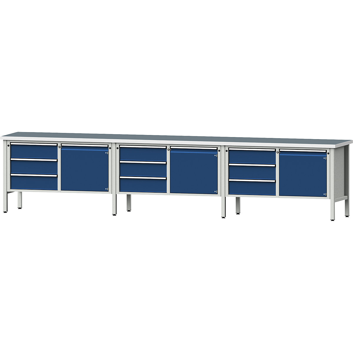 Workbench extra wide, frame construction – ANKE, 3 doors, 9 drawers are fully extendable, working height 890 mm, universal worktop-9