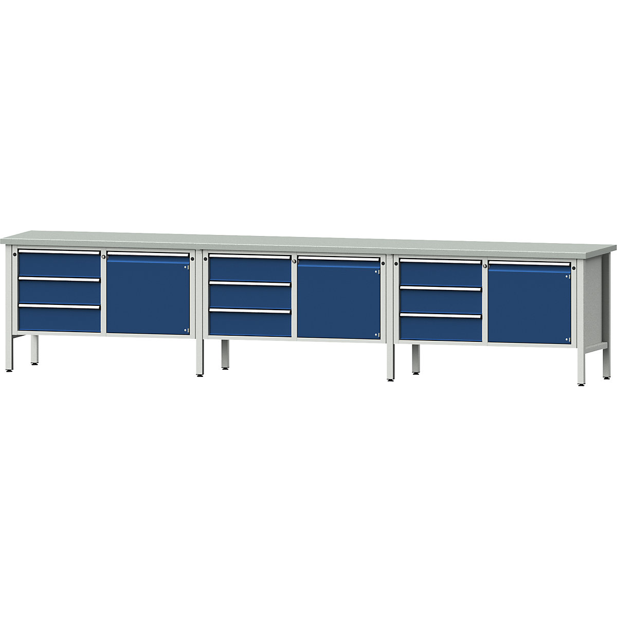 Workbench extra wide, frame construction – ANKE, 3 doors, 9 drawers are fully extendable, working height 890 mm, sheet steel covered worktop-7