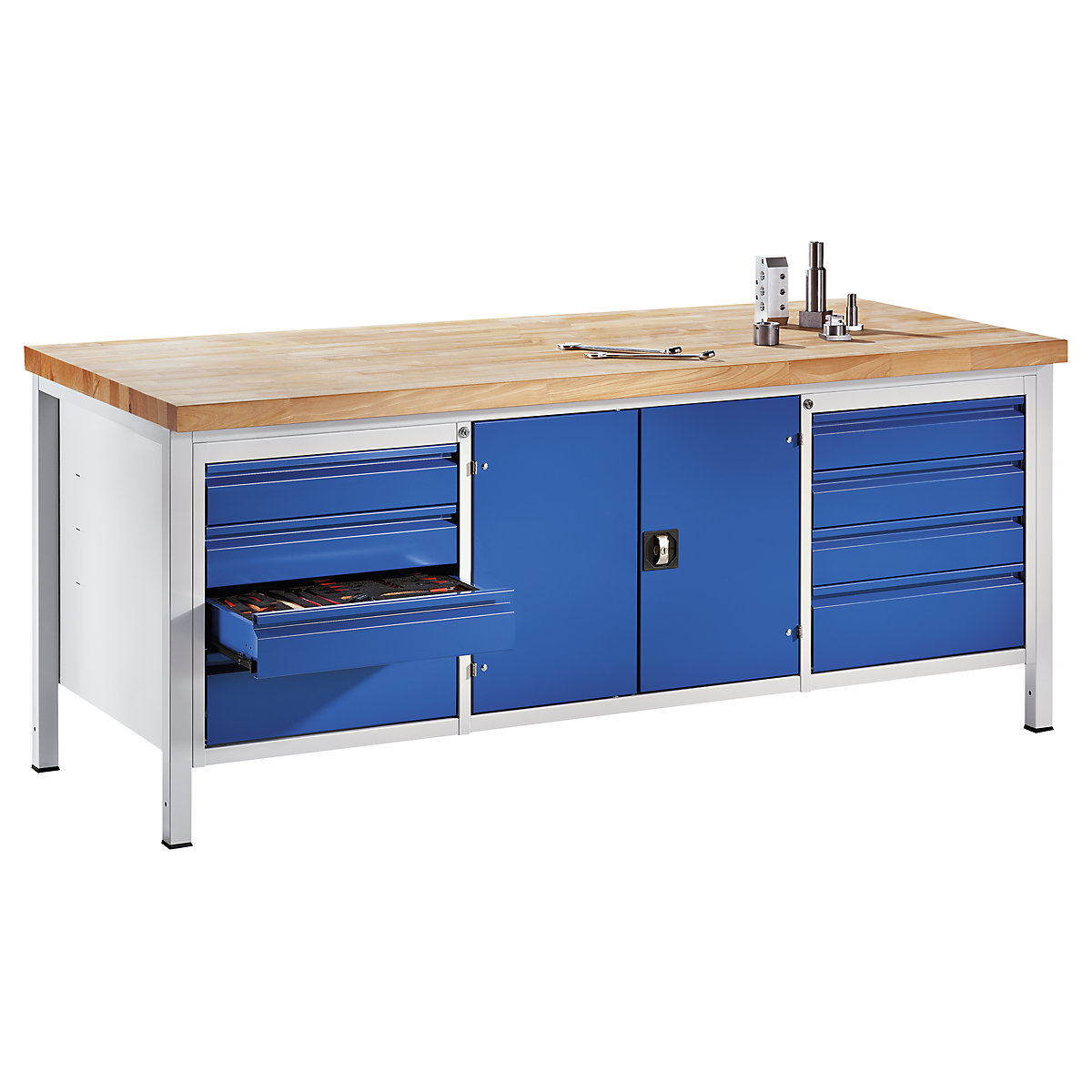 Workbench, frame construction – RAU, 8 L size drawers, 1 tool cupboard, depth 900 mm, width 2000 mm-1