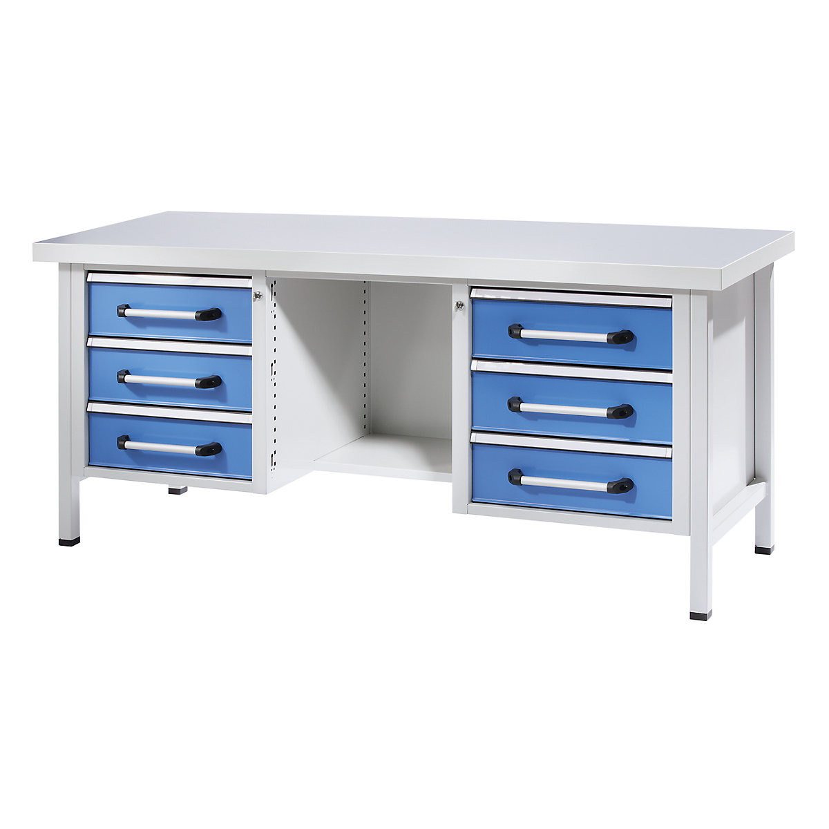 EUROKRAFTpro – Workbench, frame construction, width 2000 mm, 6 drawers, 1/2 shelf, universal worktop