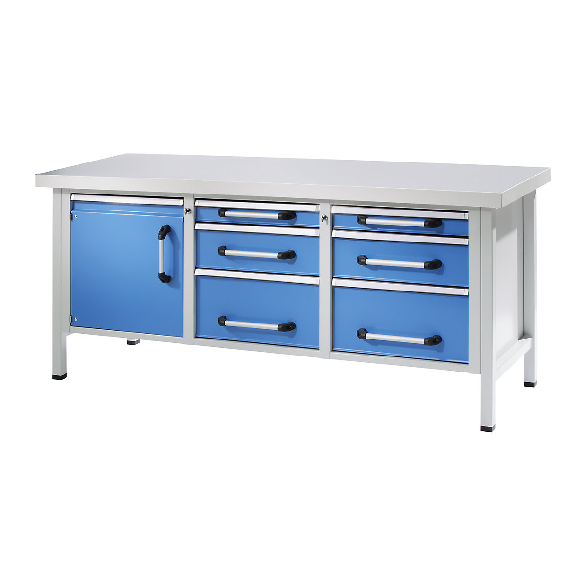 Workbench, frame construction – eurokraft pro, width 2000 mm, 6 drawers, 1 door, universal worktop-5