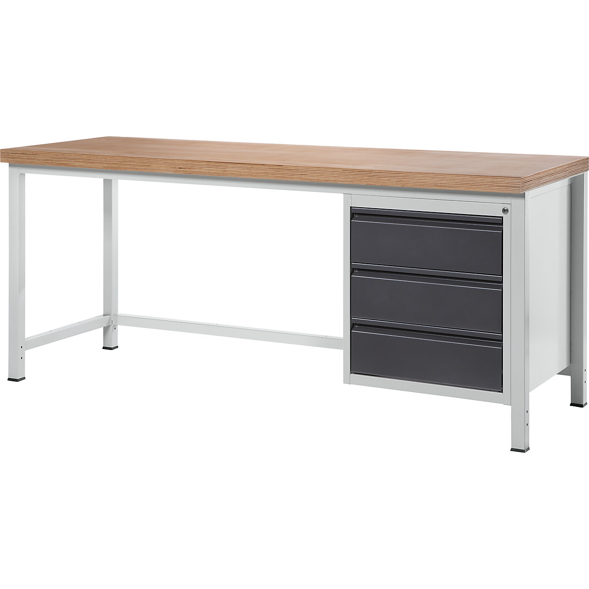 Workbench, frame construction – RAU, 3 drawers, worktop width 2000 mm, metallic charcoal-8