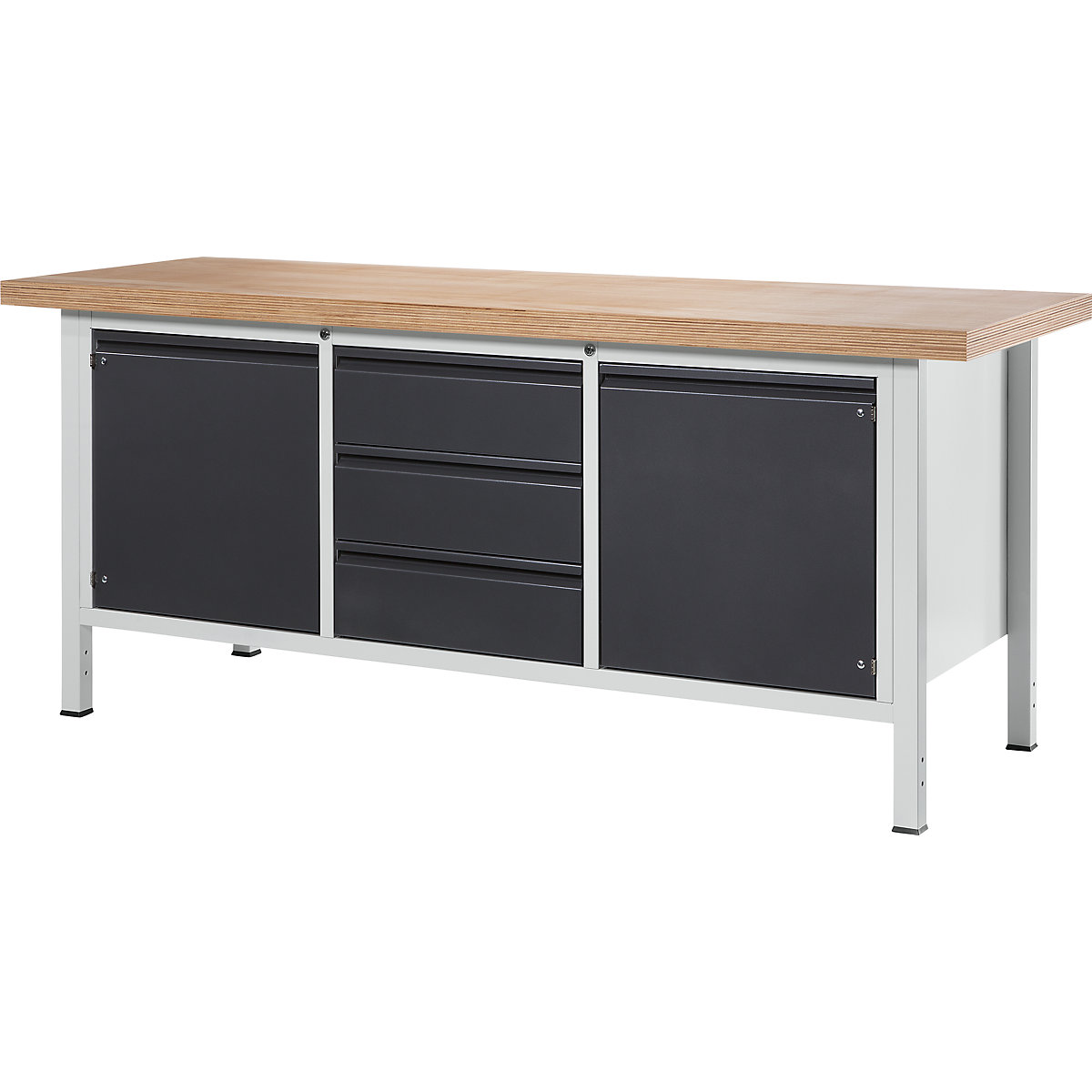 Workbench, frame construction – RAU, 3 drawers, 2 doors, worktop width 2000 mm, metallic charcoal-7