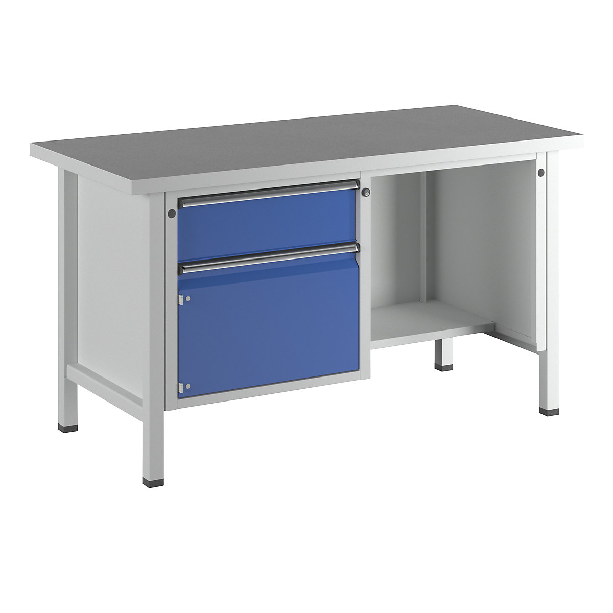 Workbench, frame construction – ANKE, 1 drawer, door 360 mm, ½ shelf, universal worktop, partial extension-9