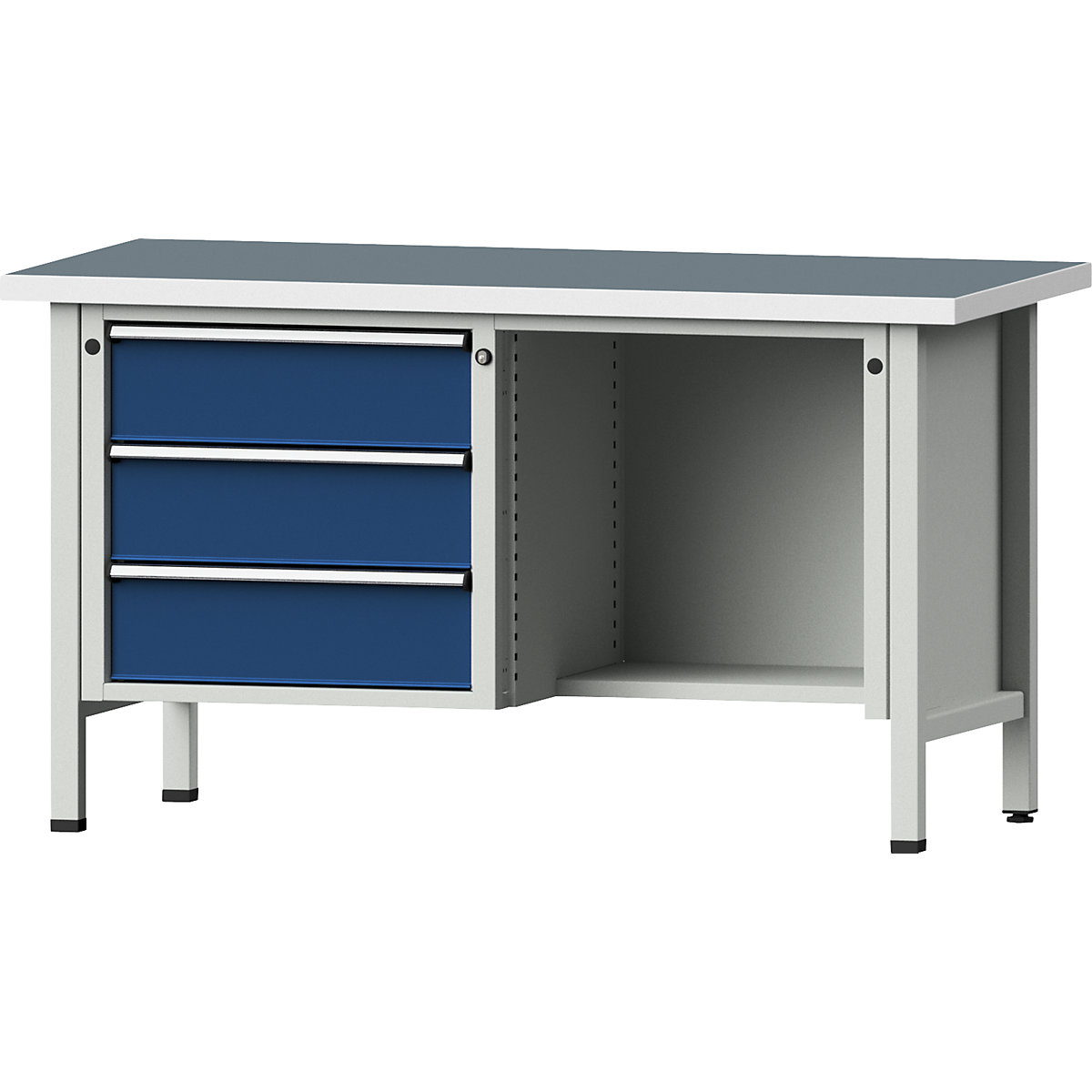 Workbench, frame construction – ANKE, 3 drawers, ½ shelf, universal worktop, full extension-8